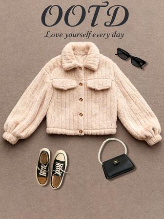Two-Piece Set: Winter Solid-Coloured Jacket With Thickened Lining, Warm Long-Sleeved Cotton Jacket. Cold Weather Clothing. Classic Korean Style. Ribbed, Pure Cotton Women's Long-Sleeved Top. College Style. Spring/Summer New Arrival. Sportswear For Women