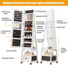 Clóset de joyería giratorio de 360°, clóset de joyería no empotrado de 66 pulgadas con cajón, espejo de longitud completa con cerradura con estantes de almacenamiento traseros - Blanco - Ver 5