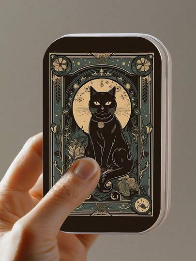 Caixa de lata de metal com padrão astrológico de gato preto interessante, recipiente retangular de lata com fecho de pressão e tampa articulada, caixa portátil para armazenamento de itens pequenos, material metálico durável, design compacto, fácil de usar para viagens