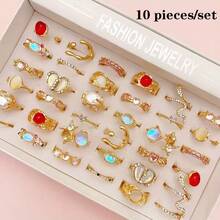 10 件套奢华玻璃镶嵌合金女士戒指套装，可爱优雅的蝴蝶结，心形混合款式，可打开戒指，适合派对、婚礼、日常佩戴、时尚珠宝、最佳礼物，随机搭配 - 10個隨機玻璃戒指 - 查看 14