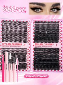 Juego de 800 pestañas postizas en racimo, incluye estilos mixtos de 30D/40D/60D/80D y 40D/60D/80D/100D, talla grande 720 pestañas naturales y esponjosas de 40D/80D, ligeras y cómodas, fáciles de aplicar, reutilizables y duraderas. El set incluye 1 pinza, 1 cepillo para pestañas y 1 adhesivo. Ideal para principiantes que quieran hacer extensiones de pestañas en casa u al aire libre, adecuado para maquillaje diario, fiestas, bodas, cosplay o viajes. - Negro - Ver 7