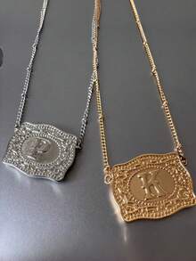 1pc Fashionable English Initial Embossed Beaded Chain Necklace, Suitable For Daily Wear, Best Jewelry Gift Choice For Women And Men (Hat Sold Separately) - Belt Buckle Letter Necklace - View 8