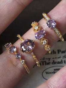 4pcs/Set Fashionable Exquisite Luxury High-End Unique Design Versatile Purple Rhinestone Gold Alloy Rings, Suitable As Gifts For Girlfriend, Wedding, Engagement - Multicolor - View 1