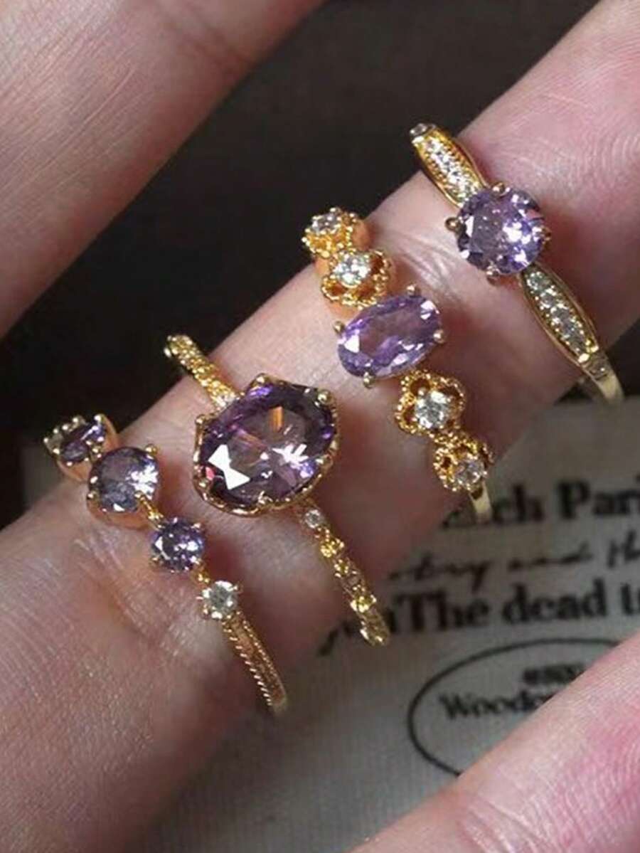 4pcs/Set Fashionable Exquisite Luxury High-End Unique Design Versatile Purple Rhinestone Gold Alloy Rings, Suitable As Gifts For Girlfriend, Wedding, Engagement - Multicolor - View 1