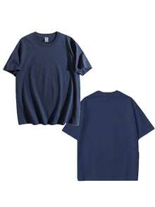 Oversized Boxy Cut Short Sleeve 100% Cotton T-Shirt, Casual Cropped Streetwear Style, Modern Minimalist Style All-Season Essential Solid Color Top - Unisex Vintage Casual Cotton T-Shirt, Comfortable Loose Fit - 藏蓝色 - 查看 2