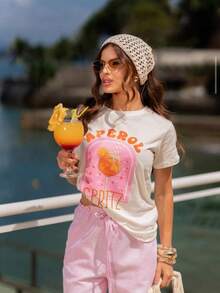 Blusa Feminina Gola Redonda Estampa Verão APEROL SPRITZ Camiseta em Algodão Premium - Creme - Visão 8