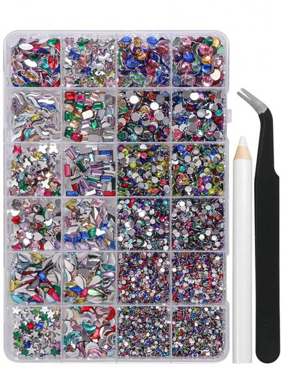 24 Griglie di Strass per Unghie - Forme e Dimensioni Miste 3D, Cristalli AB, Gemme e Decorazioni per Unghie, Retro Piatto, Con Kit, Per arte di unghie, Decorazioni Fai-da-Te