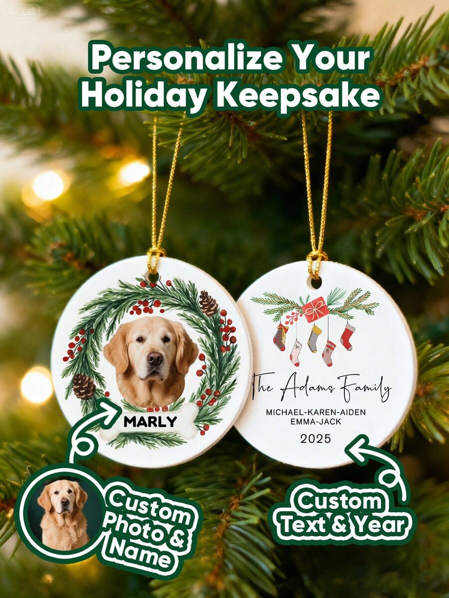 1pc Custom Text Christmas Ornament, Personalized Text Christmas Wooden/Ceramic Ornament, Round Shape Ornament With Hands Of Family, Hanging Accessories Ornaments Memorial Decoration, Scene Decor, Room Decor, Home Decor, Holiday Party Decor, Christmas Decor, Best Gift For Christmas Holiday, Gift For Dad/Mom/Her/Him/Girlfriend/Boyfriend/Pets, Birthday Gift For Couples, Wedding Gift, Anniversary Gift, Housewarming Gifts