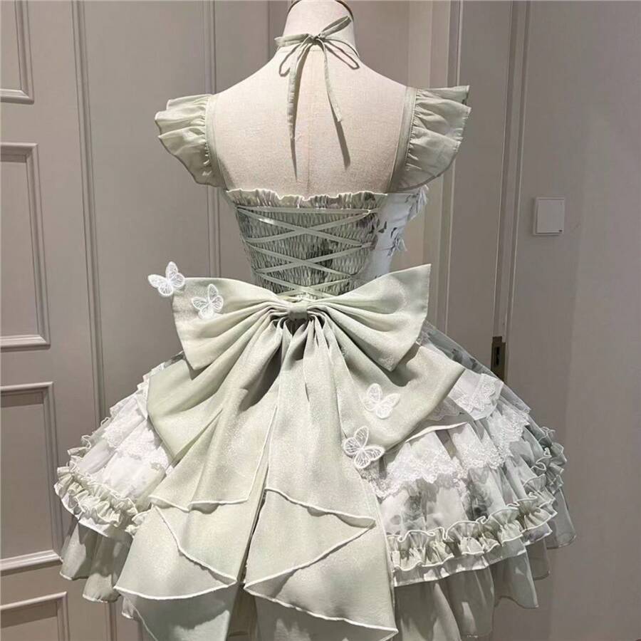 About The Flowering Period White Green Butterfly Summer Super Fairy Dress Fresh Princess Girl Birthday Short Skirt Lolita - 蝴蝶裙+拖尾(送飛機盒) - 查看 1