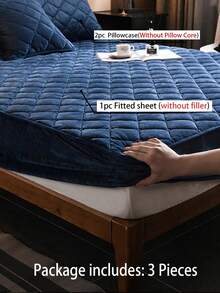 3件套藏蓝色水晶绒绗缝柔软床上用品套装（1个床笠+2个枕套），适用于卧室和客房，可机洗，四季皆宜 - 寶藍色 - 查看 1