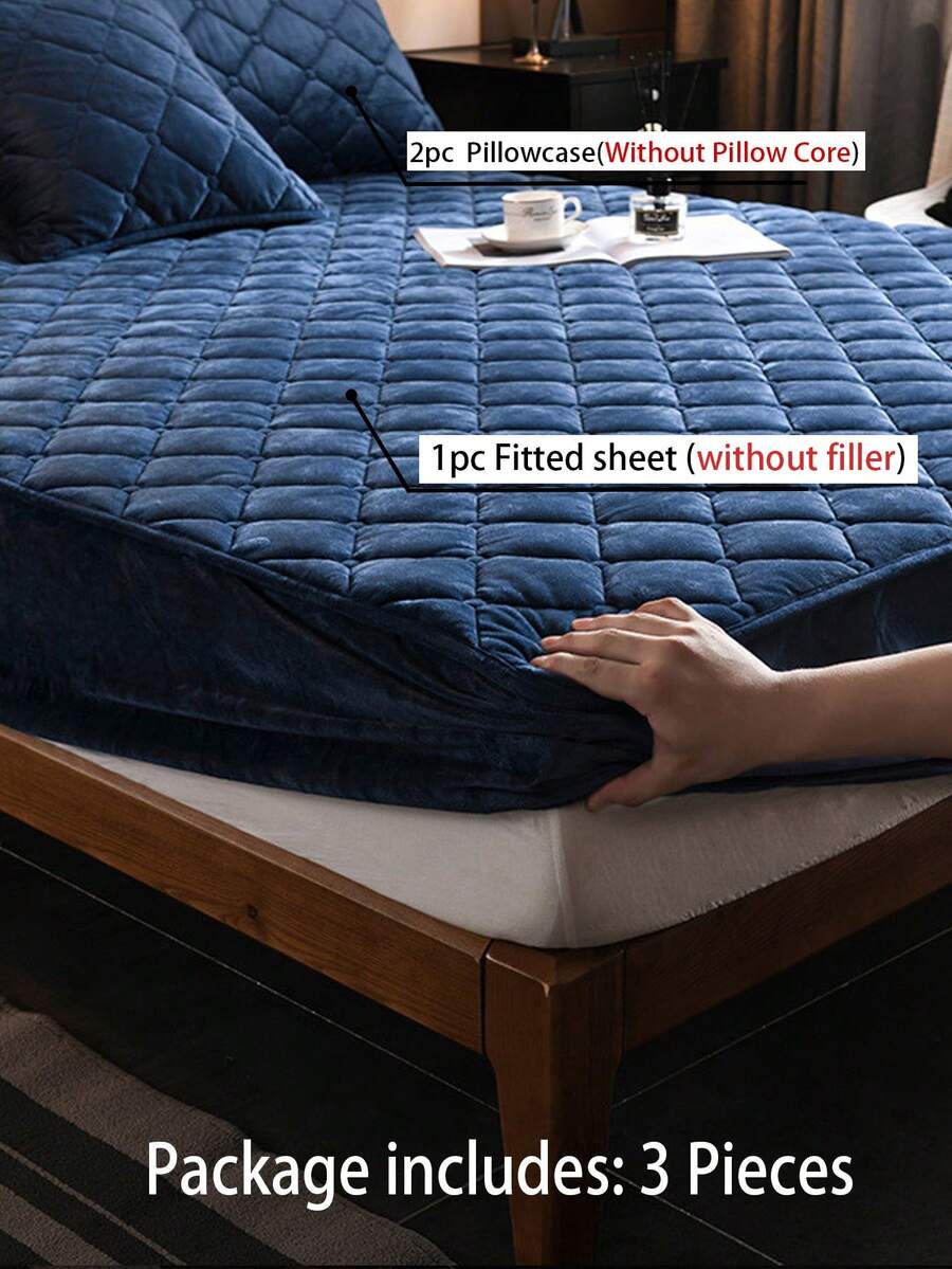 3件套藏蓝色水晶绒绗缝柔软床上用品套装（1个床笠+2个枕套），适用于卧室和客房，可机洗，四季皆宜 - 寶藍色 - 查看 1