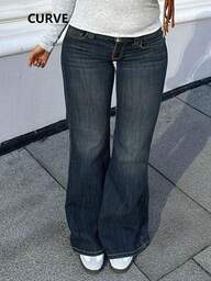 Women's Plus Size Flare Leg Jeans Long Denim With Pockets Button Zipper And High Stretch