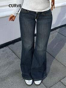 女式加大码喇叭牛仔裤，长款牛仔布，带口袋，纽扣拉链，高弹力