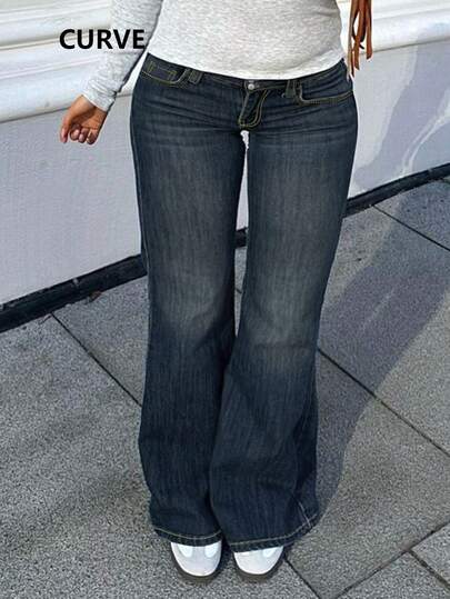 Damjeans med utsvängda ben i plusstorlek, långa denimjeans med fickor, knappar, dragkedja och hög stretch