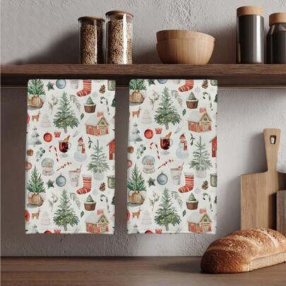 MEMNUN 2 pezzi Asciugamani da cucina in microfibra super assorbenti con stampa natalizia di albero di Natale, cioccolata calda, cappello di Babbo Natale, palla di neve, bastoncino di zucchero, pigne, adatti per ristorante, cucina, decorazione natalizia e regali, tutto l'anno