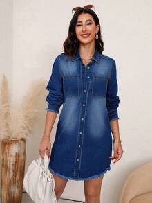女式秋季长袖单排扣口袋设计休闲牛仔衬衫裙 - 深色水洗藍 - 查看 5