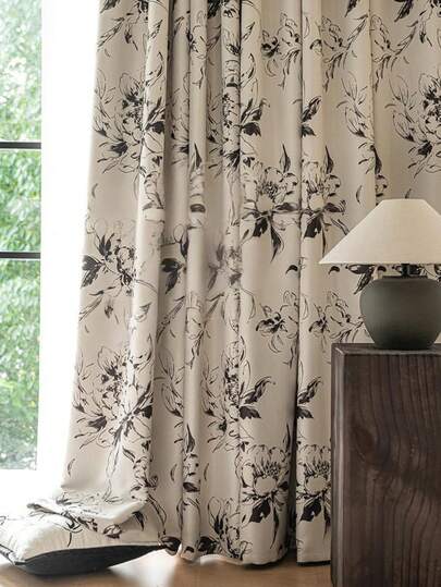 1Pc,American Country Style Black Print Floral Thermal Insulated Drapes,Room Darkening Decor Window Treatments For Bedroom Blackout Curtains For Living Room,Glass Sliding Door Decorations