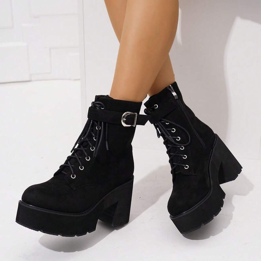 Botas de plataforma de tobillo de moda casual de otoño/invierno para mujer - Negro - Ver 1