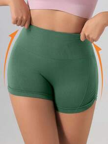 1 件女式加大码纯色紧身骑行短裤，无缝舒适高腰塑形提臀健身瑜伽短裤 - 軍綠色 - 查看 6