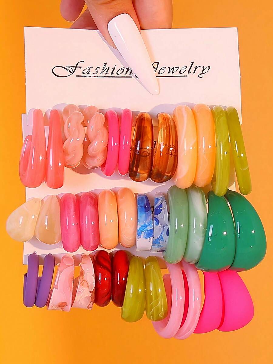 Set de 6 piezas/12 piezas/18 piezas de aretes de forma de C de resina acrílica y acetato, joyería de moda