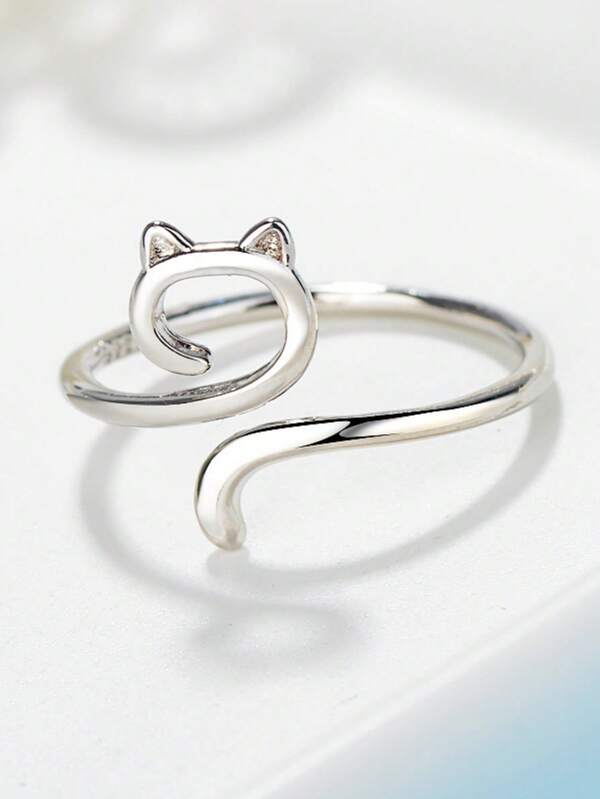 1pc 925 Sterling Silver Line Cat Ring, Minimalist Personalized Open Ring, Korean Cute Small Cat Knuckle Ring, Gift For Girlfriend, Christmas Gift