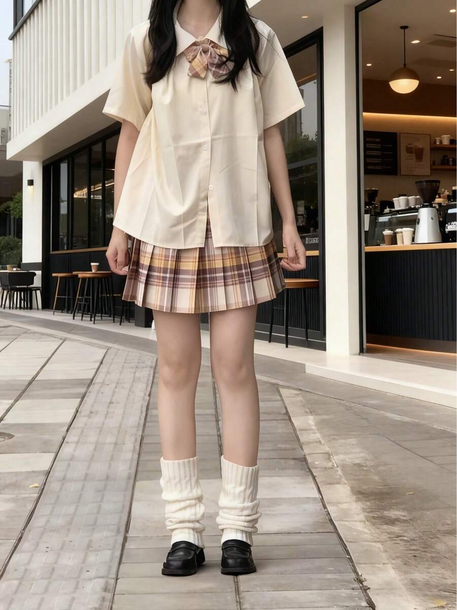 1pc Japanese Style JK Uniform Set, Apricot Loose Fit Babydoll Collar Short Sleeve Top + Plaid Pleated Skirt 2 Pieces Basic Student School Outfit - Apricot - View 1