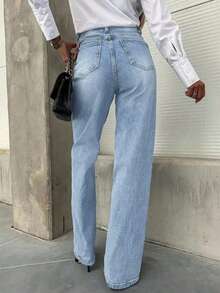 Women's Fashionable Casual Loose Fit Wide Leg Distressed Denim Pants - Light Wash - View 5