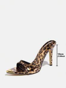 Damskie sandały na wysokim obcasie, idealne na imprezy, spotkania, imprezy plenerowe, modne, ekskluzywne szpilki bankietowe, seksowne, zakryte klapki z błyszczącym materiałem z nadrukiem w panterkę, wsuwane, eleganckie, seksowne, tajemnicze, złote sandały na wysokim obcasie z lamparciej skóry