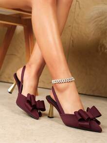 Elegant & Sexy High Heel Pointy Toe Sandals With Bow Decor, Comfortable Party Wear Valentines - Burgundy - View 11