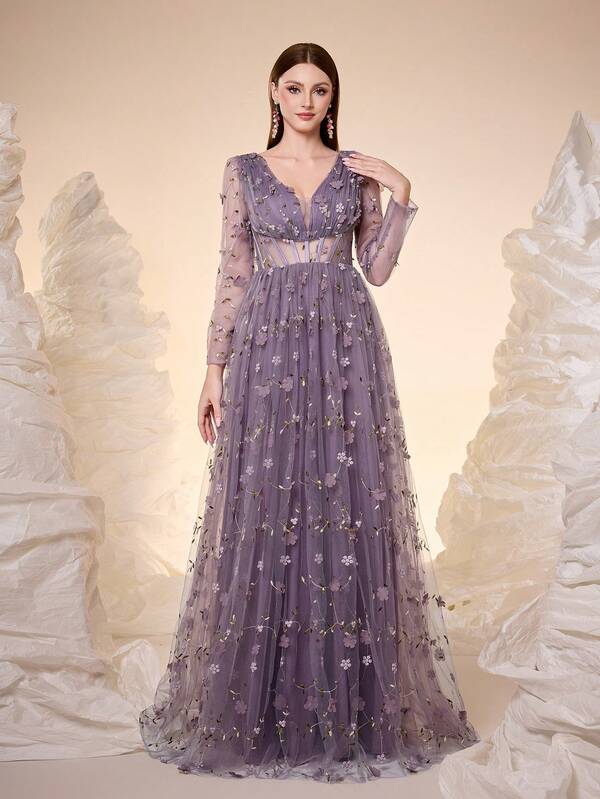 Mgiacy,New Arrival,V Neck,Party Perfect Floor-Length Bridesmaid Dress With Deep V Neck, Long Sheer Sleeves, And Intricate Lace Floral Embellishments With Ruched Bust