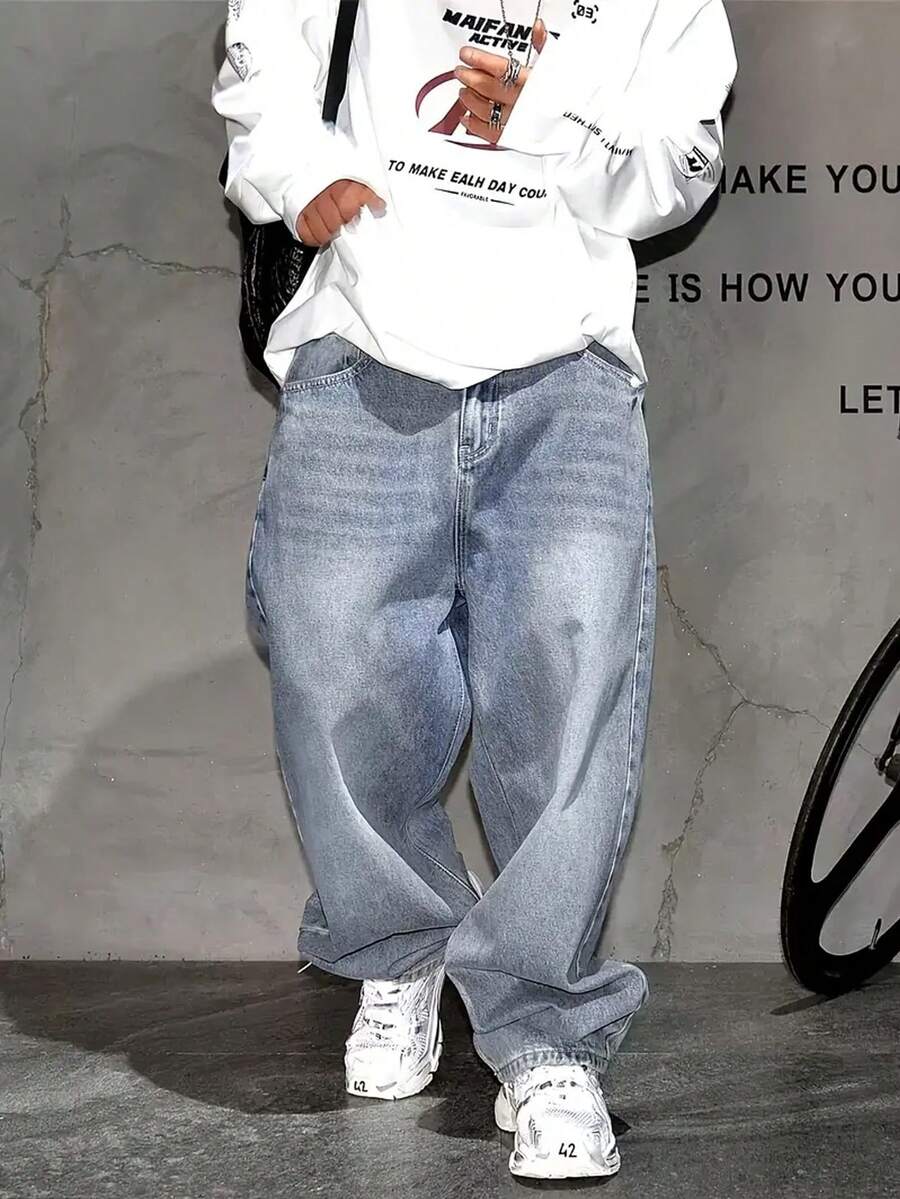 Quần Jeans Denim Dáng Rộng Thường Ngày Cho Nam, Phong Cách Đường Phố Thời Trang, Phù Hợp Mặc Hàng Ngày Và Công Sở - Rửa trung bình - Xem 1