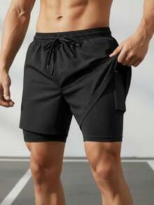 Shorts 2 Em 1 Duplo Esportivo Dry Fit Com Bolso Calção Para Academia Shorts Esportivo - Preto - Visão 1