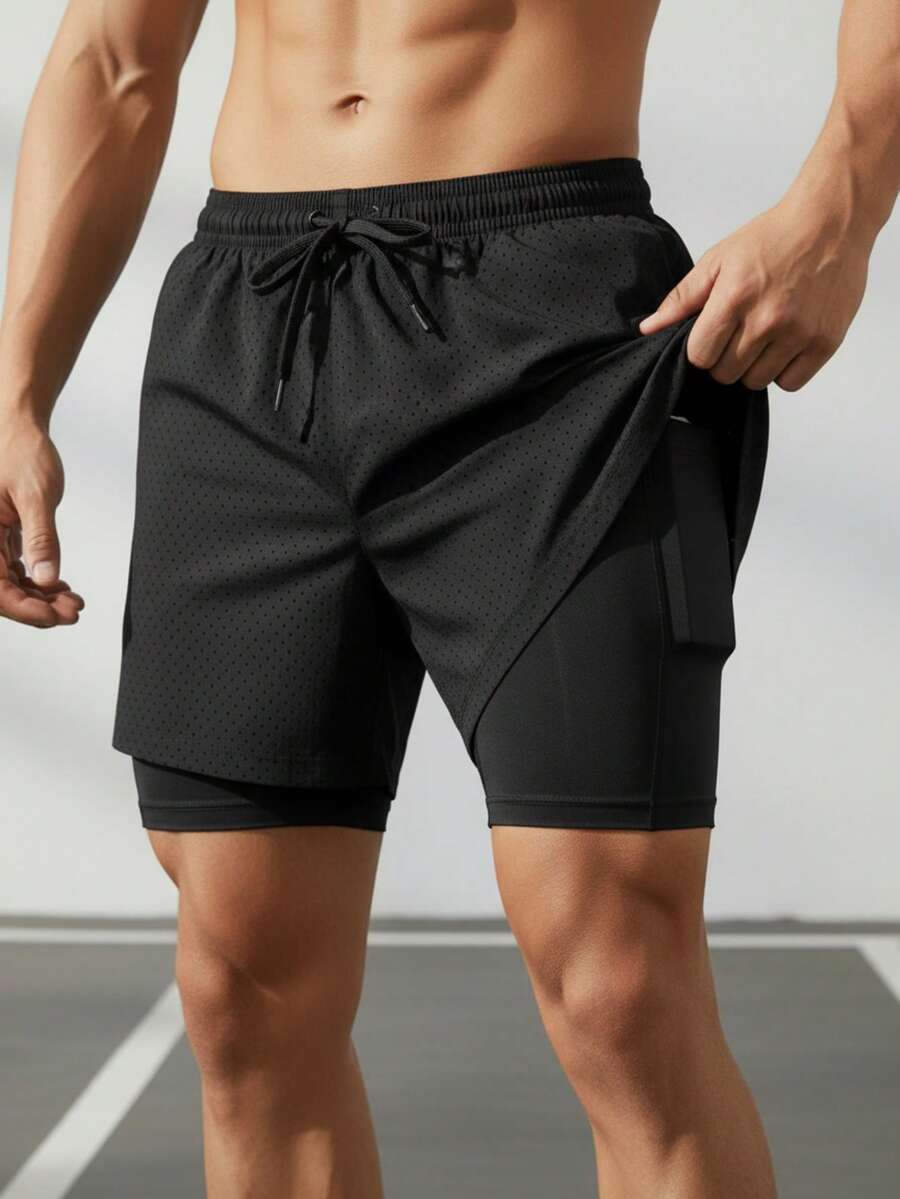 Shorts 2 Em 1 Duplo Esportivo Dry Fit Com Bolso Calção Para Academia Shorts Esportivo - Preto - Visão 1