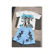 Men's Set With Statue Of Liberty Letter Print T-Shirt And Premium Cotton Streetwear Drawstring Shorts - White-blue Baby - View 5