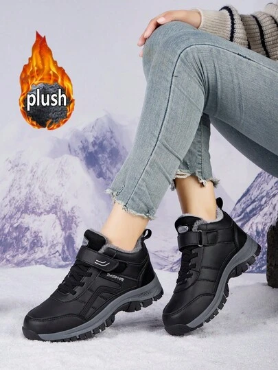 Damvandringsskor, svart läderovandel, tjock sula, halkfri, knytfria utomhusvandringssneakers Korta ankelstövlar för dam Snökängor för dam, läderstövlar