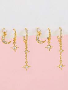 rakol 6pcs Set Elegant Shiny Copper-Tone Cubic Zirconia Star & Moon Earrings Set, Gift For Women - Style 1 - View 12