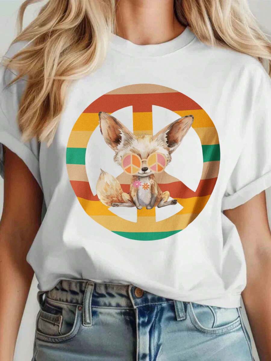 Peaceful Fennec Fox Rainbow Peace Sign T-Shirt For Women - Cute Animal Graphic Tee, Yoga, Festival, Summer Outfit, Gift For Animal Lovers And Hippie Style Enthusiasts - trắng - Xem 1