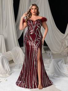 Đầm dạ hội dáng đuôi cá thanh lịch dành cho nữ cỡ lớn, xẻ cao và buộc dây phía sau, đính sequin lấp lánh sang trọng, phù hợp cho các buổi dạ tiệc trang trọng, dự đám cưới, mẹ cô dâu, sự kiện thảm đỏ và các bữa tối trang trọng. - Màu Đỏ Sâu - Xem 2