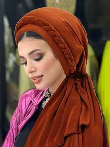 1 件纯色柔软女士系带十字装饰穆斯林头巾围巾（带领带）