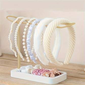 1 件优雅金色头带收纳盒 | 长方形金属支架，珍珠和串珠设计 | 非常适合宿舍和卧室、婴儿房、育儿室装饰