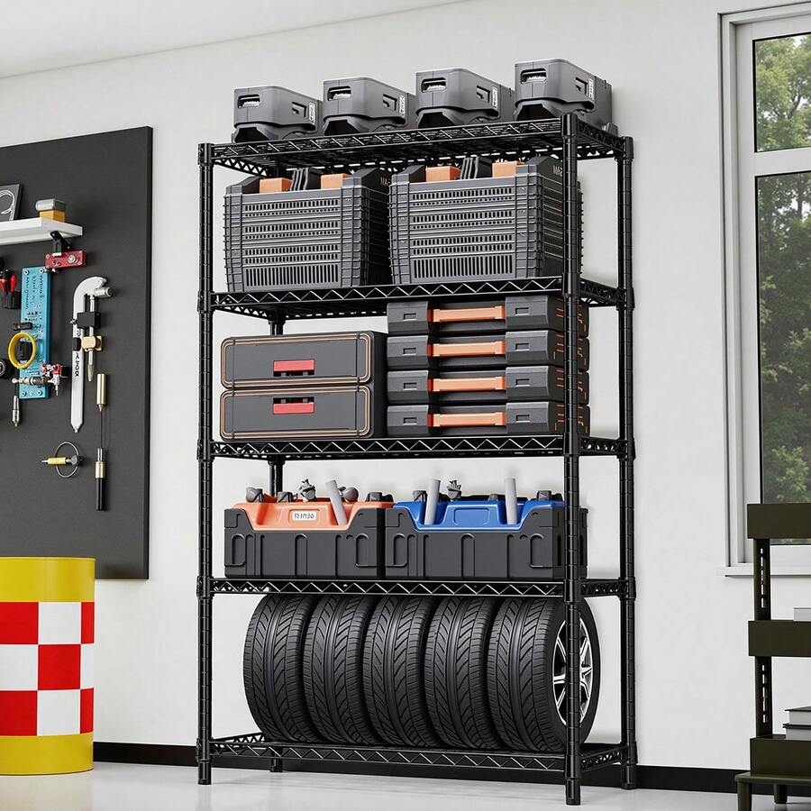 M MZG 2000 Lbs Heavy Duty Adjustable Metal Shelving Unit 5-Tier Black Storage Shelf Multi-Use For Garage, Pantry, Kitchen, Warehouse, Basement, Closet – 17.7" D X 47.2" W  X 72" H - 黑色 - 查看 1