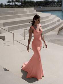 Basrey Đầm phù dâu đuôi cá không tay màu trơn thanh lịch, màu hồng nhạt, thích hợp cho đám cưới mùa xuân. - Hồng - Xem 3