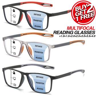 3pcs Multi-Focus Photochromic Reading Glasses, 2-In-1 Progressive Lens, Distance & Near Vision, Flexible & Durable TR Temples, Classic Colorblock Rectangular Frame, Comfortable Multifocal Readers