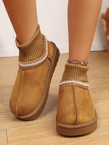 Women's New Winter All-Match Outdoor Snow Boots, Fashionable Holiday Gifts, Beautiful And Simple Outdoor Plush Shoes, Plush Inlaid Flat Bottom Large Size Round Toe Slip-On Shoes - 棕色 - 查看 4