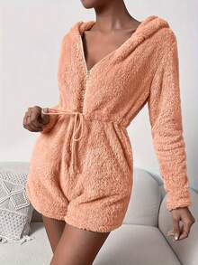 1pc Women's Comfortable Teddy Fleece Full Zip Hooded Jumpsuit With Bear Ears And Fuzzy Collar - Soft Plush With Zipper Closure, Drawstring Waist And Long Sleeves, Suitable For Winter Warmth - Orange - View 3