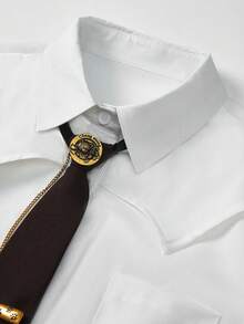 Plus Size Casual School Style White Short Shirt + Tie Set: Unique Pointed Collar, Short Cut | Paired With Decorative Tie, Exquisite And Designed | Solid Color Versatile And Elegant | Suitable For Campus, Girlfriend Dates, Art Exhibitions, Casual Outings, Retro Parties, And Light Business Occasions - 白色 - 查看 3