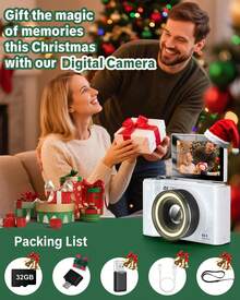 W&O Cámara digital para fotografía, cámara 4K con luz de anillo, pantalla abatible de 180° para vlogging con modo belleza, cámara compacta para principiantes con tarjeta SD, regalo de Navidad - Blanco - Ver 7