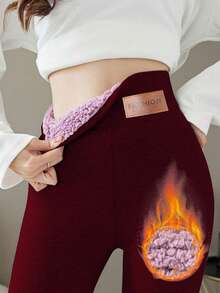 Winter Warm Thermal Lined Leggings, Purple Cloud Faux Fur Patch Skinny Pants - Burgundy - View 2