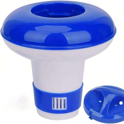 5-Inch Automatic Floating Pool & Spa Pill Dispenser, Swimming Pool Disinfection Automatic Dosing Device, Pill Float, Floating Dosing Device, Effervescent Tablet Floating Water Pill Box 5-Inch - Durable Plastic Adjustable Chemical Feeder With Easy Installation Holes, Blue And White Design Suitable For Chlorination Tablets And Pool Maintenance, Long-Lasting Material