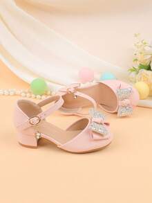 Flower Girl Shoes For Wedding, Party, Holiday, Suitable For Girls Of All Ages, Children Shoes, Classic Comfortable Versatile Small Shoes, Girls Fashion Pink Bow Glitter Sequin Shiny Heeled Dress Shoes For Formal Occasions, Recitals, Dance, Princess Style